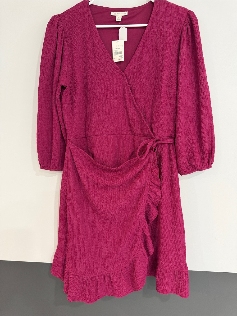 Cato Fuchsia Wrap Midi Dress with Ruffle Trim